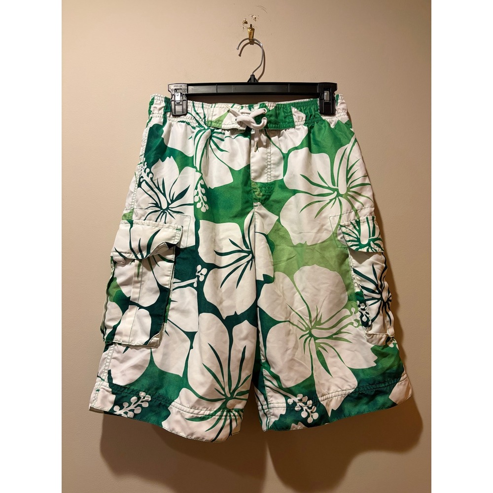 Mens Green White Floral Mesh Lined Swim Trunks Shorts Large Beach Vacation